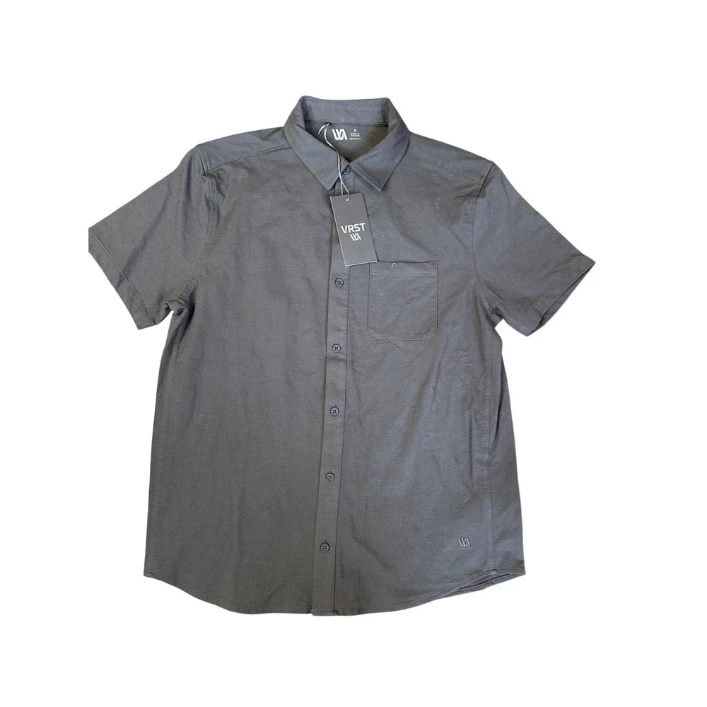 New VRST Mens Medium Refined Knit Button Down Shirt Graphic Charcoal MAX241112DD